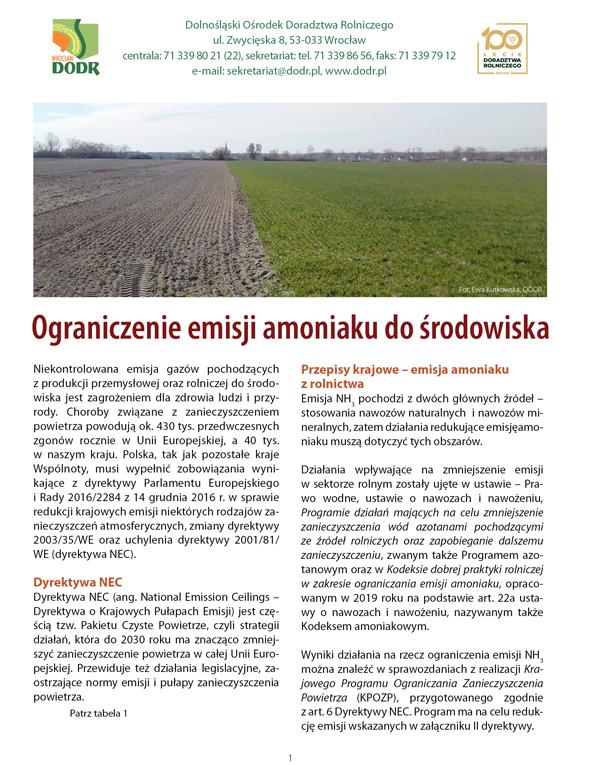 Okładka broszury "Ograniczenie emisji amoniaku do środowiska"