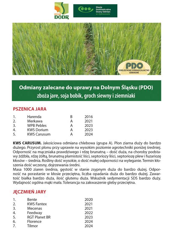 Okładka ulotki "Odmiany zalecane do uprawy na Dolnym Śląsku (PDO) zboża jare, soja bobik, groch siewny i ziemniaki"