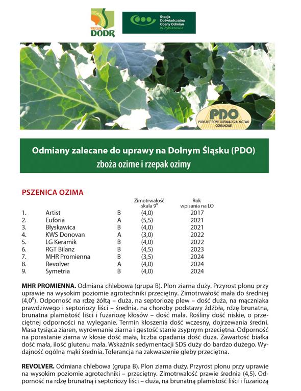 Okładka ulotki "Odmiany zalecane do uprawy na Dolnym Śląsku (PDO) - zboża ozime i rzepak ozimy"